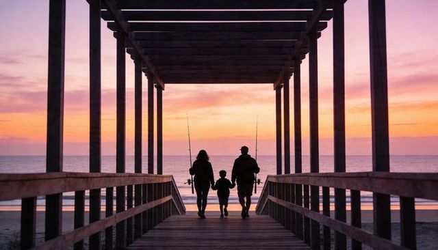 Silhouette family walking toward sunset with fishing rods on coastal boardwalk