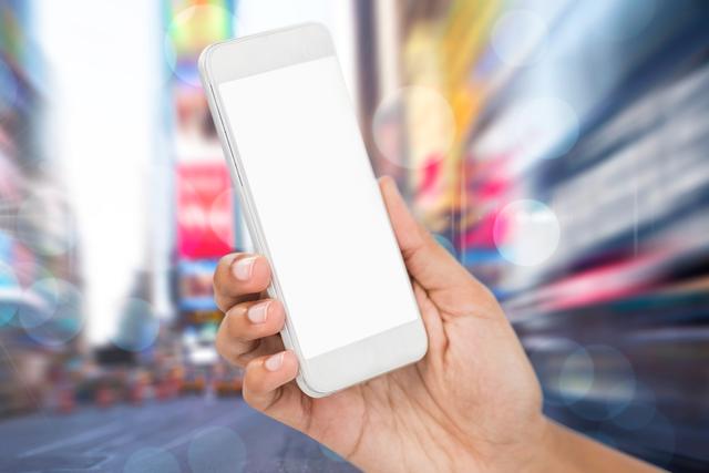 Image of a hand holding a smartphone with a blank screen, set against a vibrant, blurred city background. Perfect for illustrating tech and digital connectivity in urban settings. Ideal for app presentations, promotional materials, and communication-themed campaigns.
