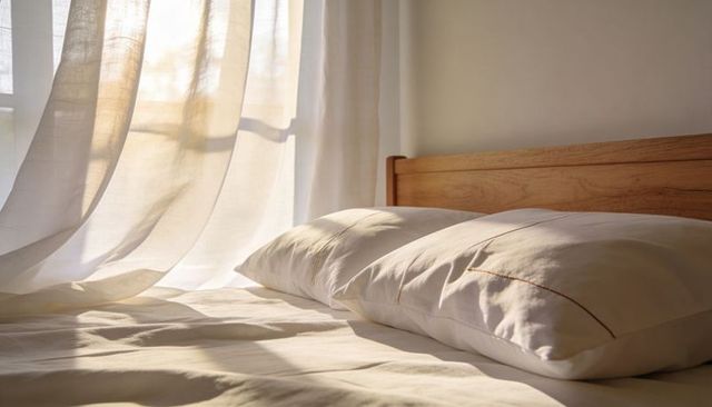 Warm morning light on linen pillows and wooden headboard minimal cozy bedroom interior