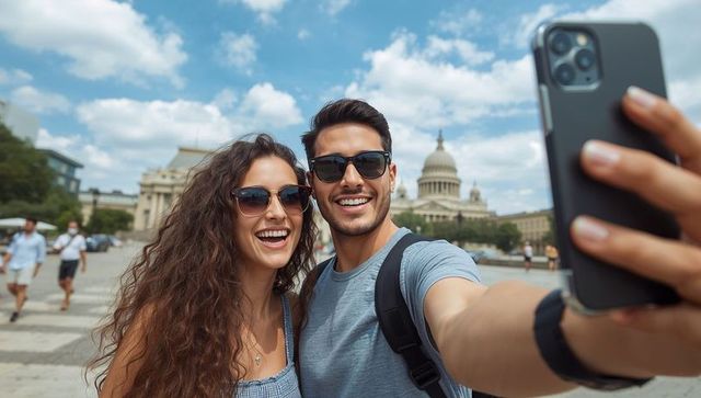Happy couple taking selfie in european city with iconic dome
