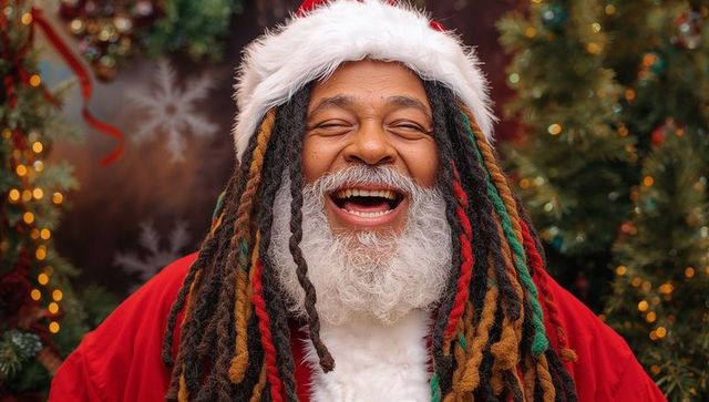 Joyful Santa with Colorful Dreads Smiling Amidst Festive Backdrop