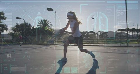 Tennis player in action with futuristic ui at sunset sports outdoors