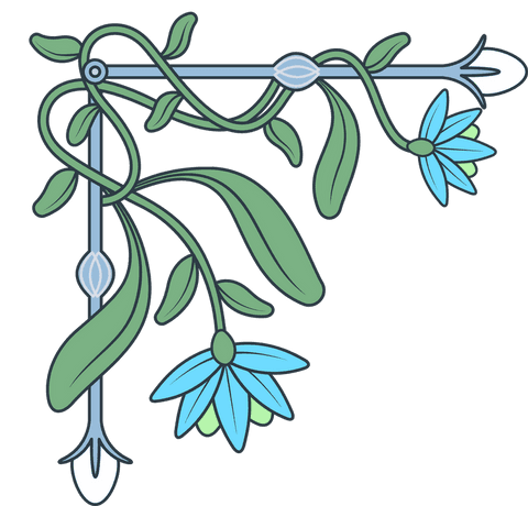 Botanical corner border with blue flowers on transparent background