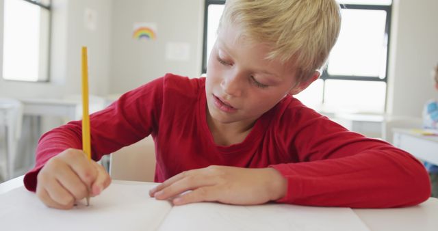 Blonde boy in red shirt studying in classroom - Download Free Stock Images Pikwizard.com