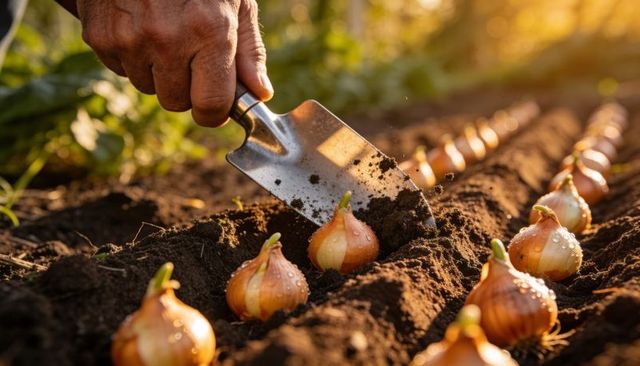 Sunlit planting onion bulbs with metal trowel in rich soil closeup for spring garden