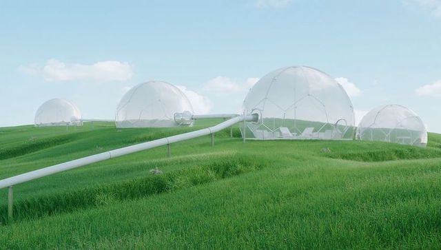 Transparent geodesic domes connected by elevated tubular walkway on rolling green meadow