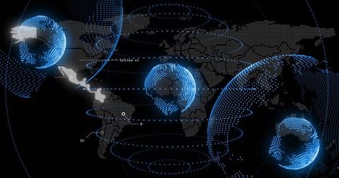 Neon dotted globes orbiting over halftone world map with concentric data rings, holographic network