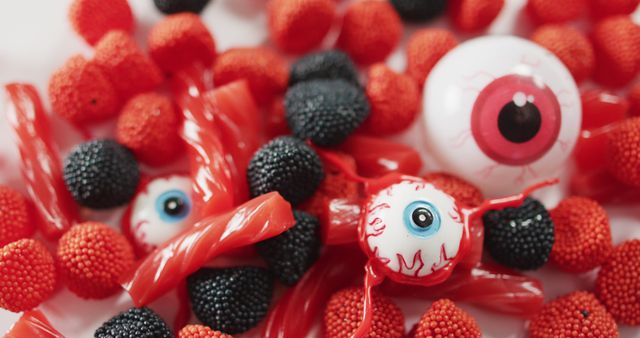 Bright assortment of Halloween-themed candy with red and black gummy candies and novelty eyeball decorations, perfect for festive activities, party planning ideas, and seasonal advertisements.