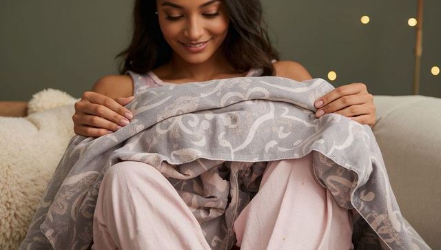 Smiling woman in pink pajamas holding patterned gray blanket on cozy sofa at home