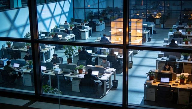 Open-plan office team working late on laptops under modern grid lighting