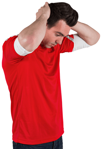 Disappointed Football Fan in Red Jersey Looking Down Transparent Background