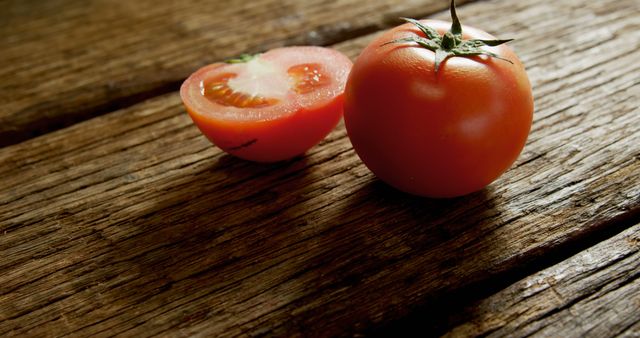 A ripe tomato is sliced in half on a rustic wooden surface, showcasing its fresh and juicy interior. Tomatoes like these are essential ingredients in cuisines worldwide, valued for their flavor and nutritional benefits.