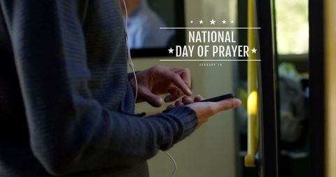 Teen Browsing Smartphone on Bus with National Day of Prayer Reminder - Download Free Stock Images Pikwizard.com