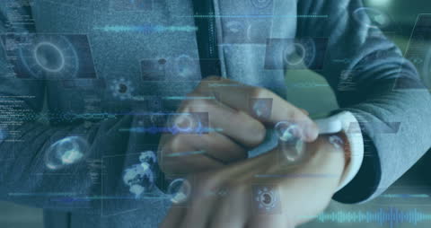 Businessman Interacting with Futuristic Smartwatch Interface