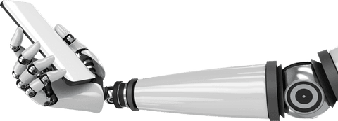 Transparent robotic hand holding smartphone with blank screen