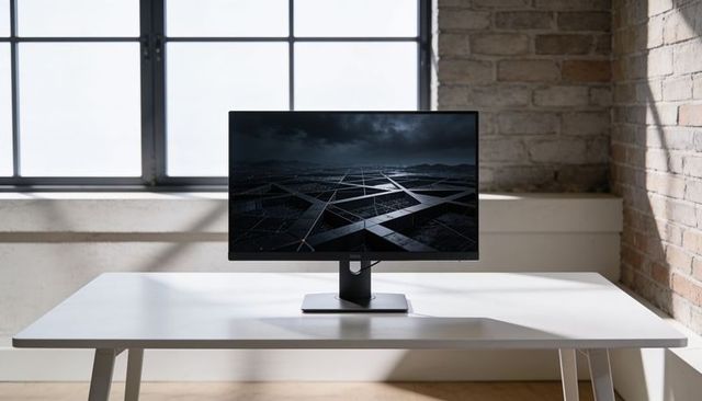 Black monitor displaying dark geometric grid on minimalist desk, loft daylight and brick wall