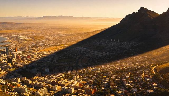 Golden sunset casting dramatic mountain shadow across coastal city and harbor panorama
