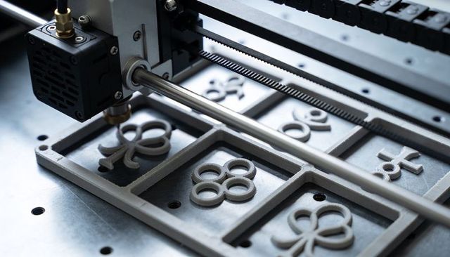 Gantry 3D Printer Extruder Depositing Filament into Precision Mold Cavities on Metal Plate