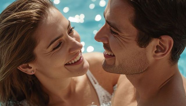 Romantic smiling couple leaning close in sparkling sunlit pool sharing intimate moment