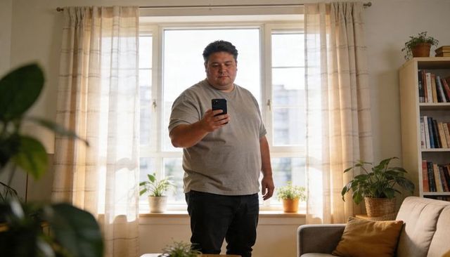 Man checking smartphone while standing in sunlit living room with houseplants and sofa