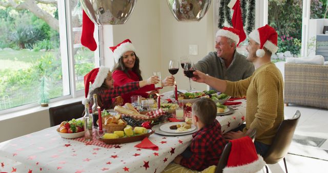 Family gathering around table decorated for Christmas, enjoying festive meal with smiles and cheer. Useful for promoting family time, holiday celebrations, festive traditions, Christmas campaigns, and indoor dining during the holiday season.