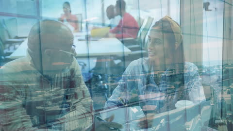 Double Exposure of Cityscape and Diverse Business Discussion