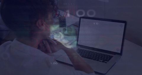 Woman Working at Laptop with Futuristic HUD Overlays, Reflecting in Dim Minimal Workspace