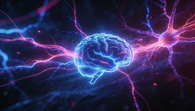 Neon brain glowing, sending electric sparks through neurons in futuristic neural network