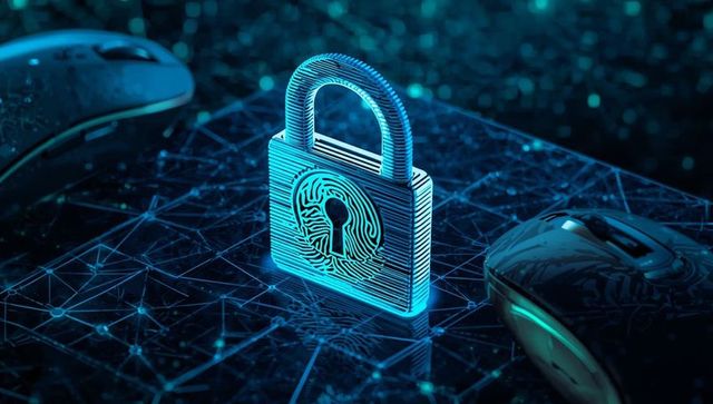 Glowing fingerprint padlock on digital network grid symbolizing cybersecurity