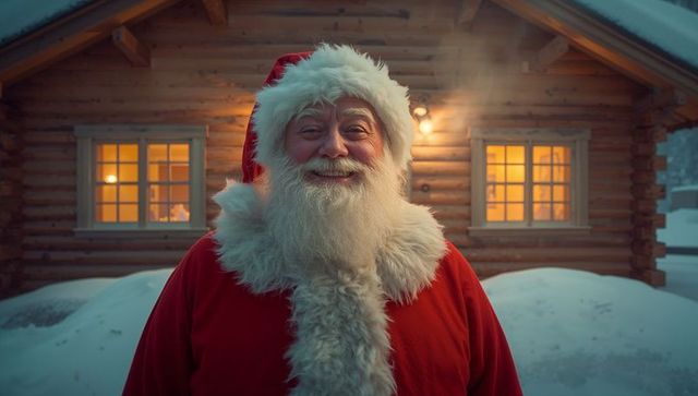 Joyful Santa Claus Poses Outside Cozy Log Cabin in Winter Wonderland
