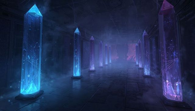 Mystical corridor with glowing hexagonal crystal pillars