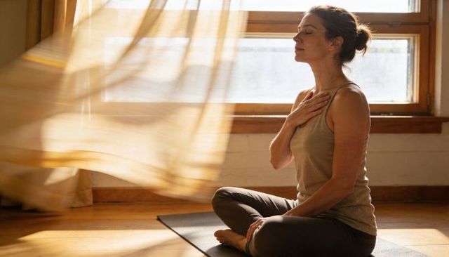 Woman practicing mindful breathing during sunlit morning yoga session