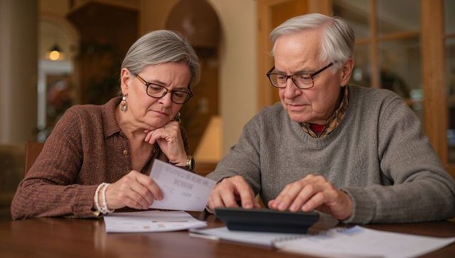 Senior Couple Reviewing Bills and Calculating Monthly Budget at Home