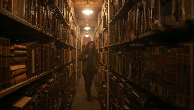 Woman walking narrow archival stacks under warm lamplight in historic leatherbound library