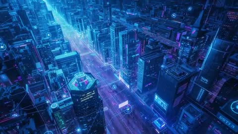 Futuristic Cityscape with Data Overlays Illuminating Night Sky