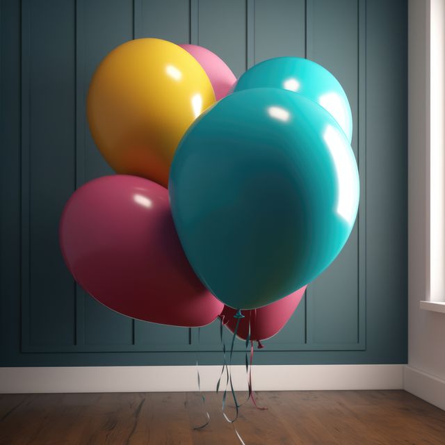 Cluster of vibrant balloons floating in a minimalist room with a teal wall and wooden floor. Ideal for birthday parties, celebrations, or festive decorations. Perfect for brochures, banners, or event planning promotions.