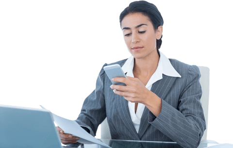Businesswoman in Office Using Smartphone Surrounded by Technology