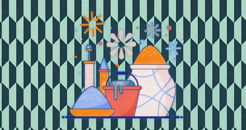 Colorful Abstract Vessels With Blue Orange Powders on Geometric Pattern Decorative Still Life