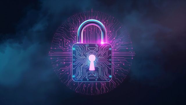 Neon Padlock with Digital Circuitry Symbolizing Cybersecurity