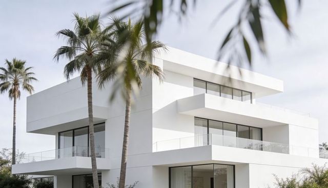 Minimalist white cubic villa featuring cantilevered terraces, glass balconies and palm trees