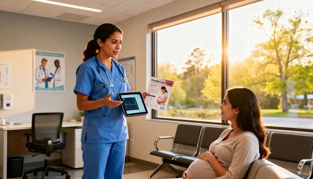Nurse presenting prenatal monitor and brochure to pregnant woman during clinic consultation