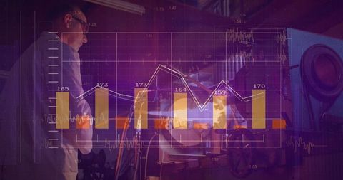 Caucasian Scientist Analyzing Financial Data Overlay