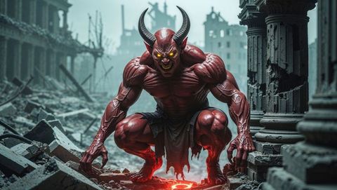 Horned Red Demon Stalking Dystopian City Ruins