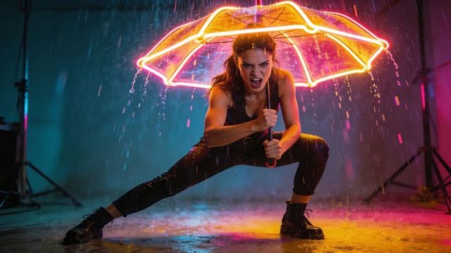 Neon umbrella warrior crouching in rain with fierce gaze and colorful studio reflections