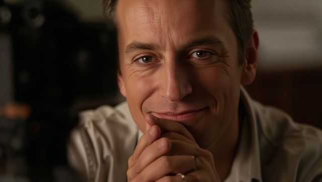 Leaning middle-aged man clasping hands, warm intimate studio headshot, contemplative smile