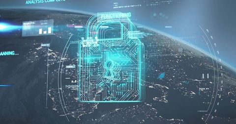 Holographic cybersecurity padlock hovering over earth nightscape, futuristic lock hud