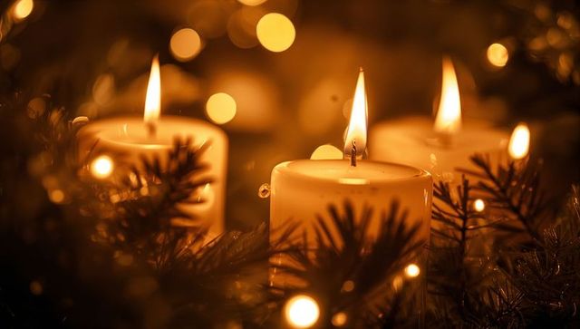 Warm holiday candle trio with fir branches and fairy lights creating cozy golden glow