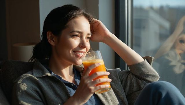 Sunlit morning woman smiling and sipping orange juice by window relaxed cozy home moment