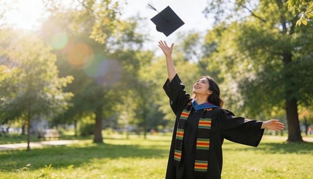 Joyful graduate tossing mortarboard on sunlit campus lawn with kente stole and lens flare