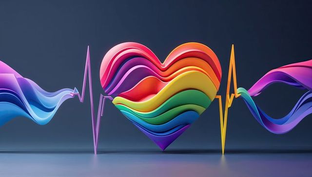 Vibrant 3D Heart with Rainbow EKG Waveforms in Digital Art